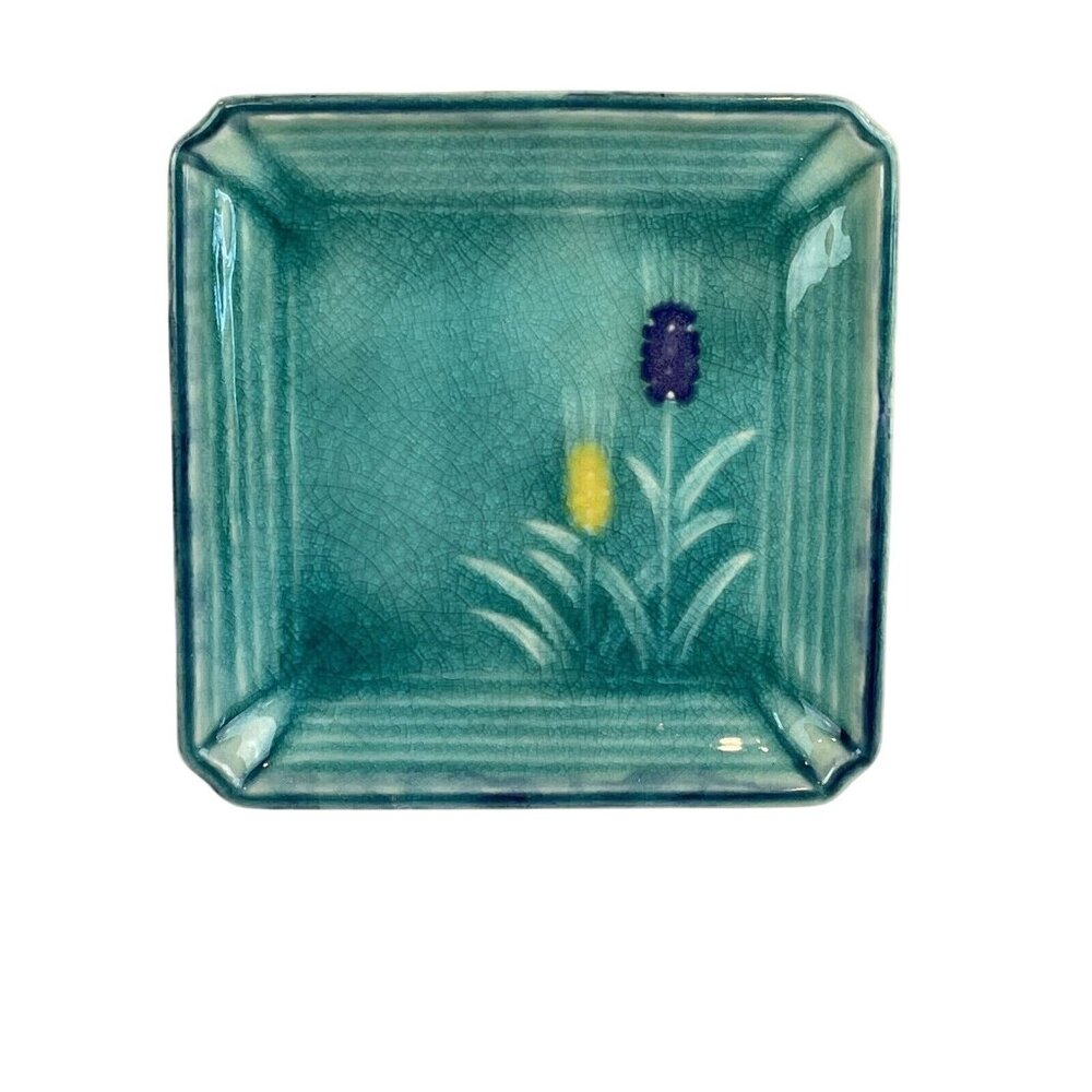 Turquiose Blue Mugi Plate Trinket Dish Small 4.5in Sqaure Flowers Vintage Japan